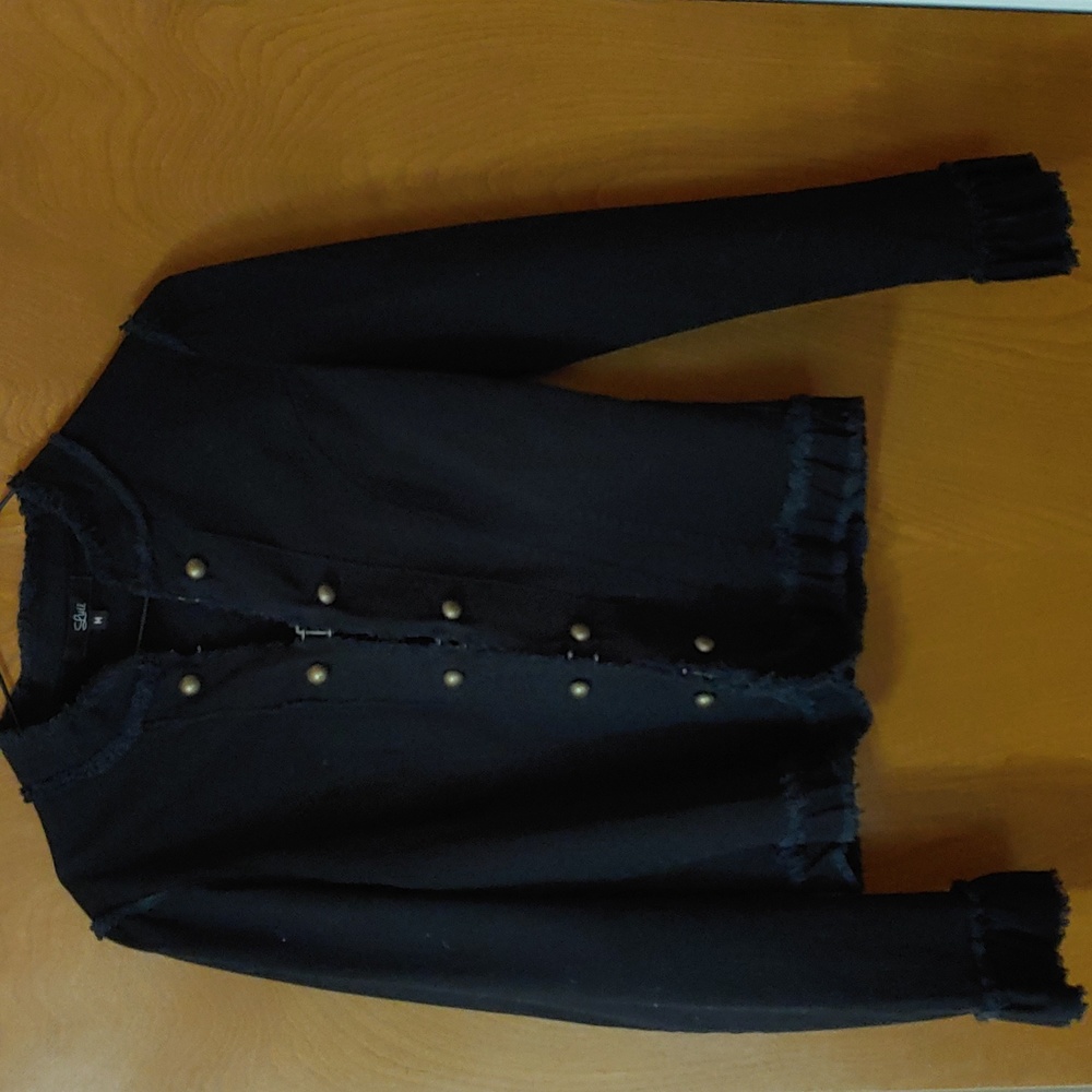 Black Jacket, interest around neck, bottom and sleeves, size medium